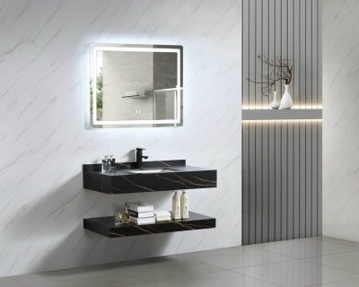 NBĐ58 - Bộ lavabo treo phòng tắm 2 tầng đá chống trầy đen vân trắng, gương LED size 800mm