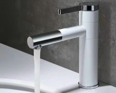 NO80012T - Vòi lavabo nóng lạnh đồng thau sơn tĩnh điện trắng size 20cm