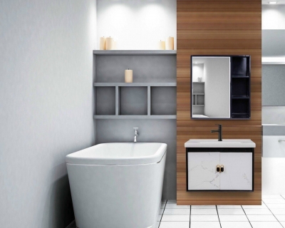 NV5760 - Bộ tủ lavabo phòng tắm sơn 2K đen kết hợp cánh vân đá size 475 x 600mm, lavabo sứ âm nano, tủ gương trên size 570 x 670mm