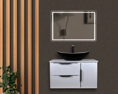 NV8280 - Bộ tủ lavabo treo phòng tắm PVC sơn 2K cao cấp size 485 x 800mm, gương LED chữ nhật cảm ứng size 600 x 800mm